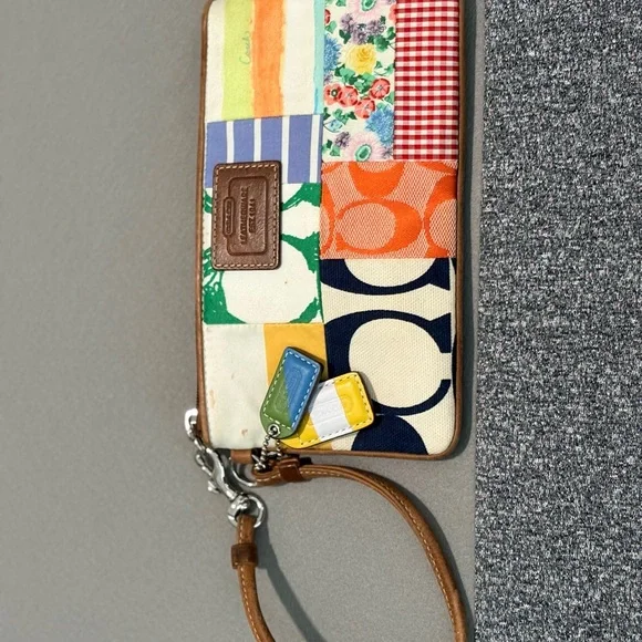Coach Multicolor Patchwork Wristlet with Tan Leather Strap - Picture 11 of 11